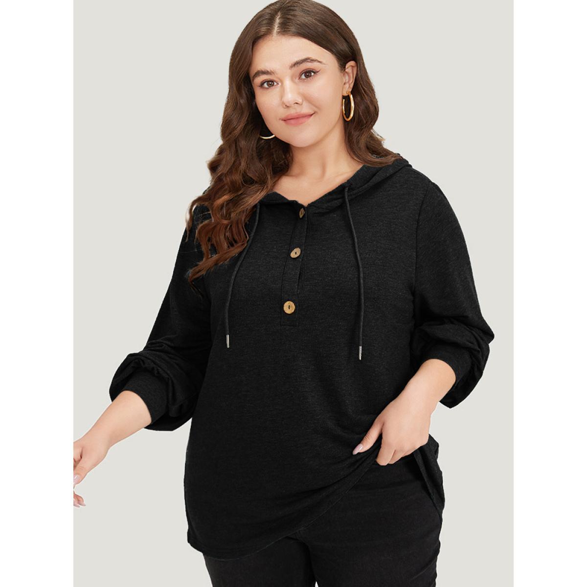 Plus Size Plain Drawstring Button Up Hooded Elastic Cuffs Sweatshirt Women Black Casual Elastic cuffs Hooded Dailywear Sweatshirts BloomChic 12/L Product Image