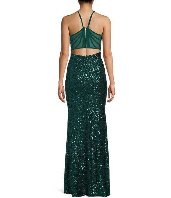 Honey and Rosie Sequin V-Neck Spaghetti Strap Mesh Back Front Slit Gown Product Image