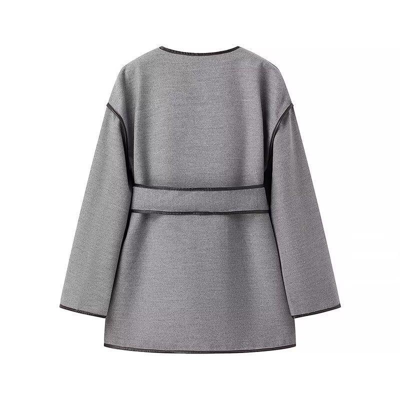 V-Neck Plain Piped Belted Coat Product Image