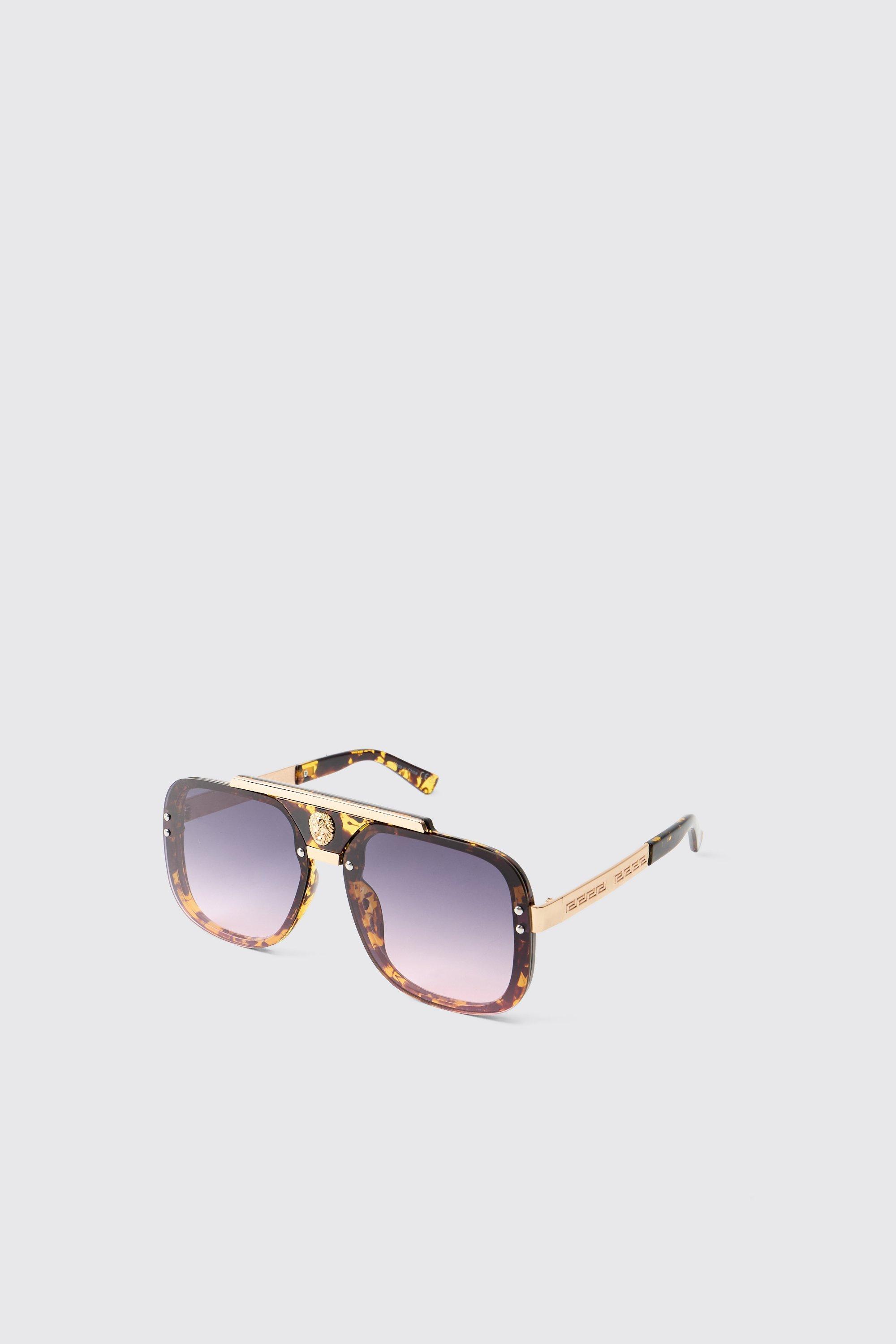 Metal Detail Tortoise Visor Sunglasses | boohooMAN USA Product Image