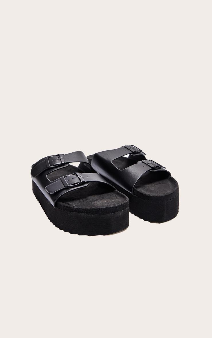  Black PU Round Toe Double Buckle Strap Chunky Flat Sandals Product Image