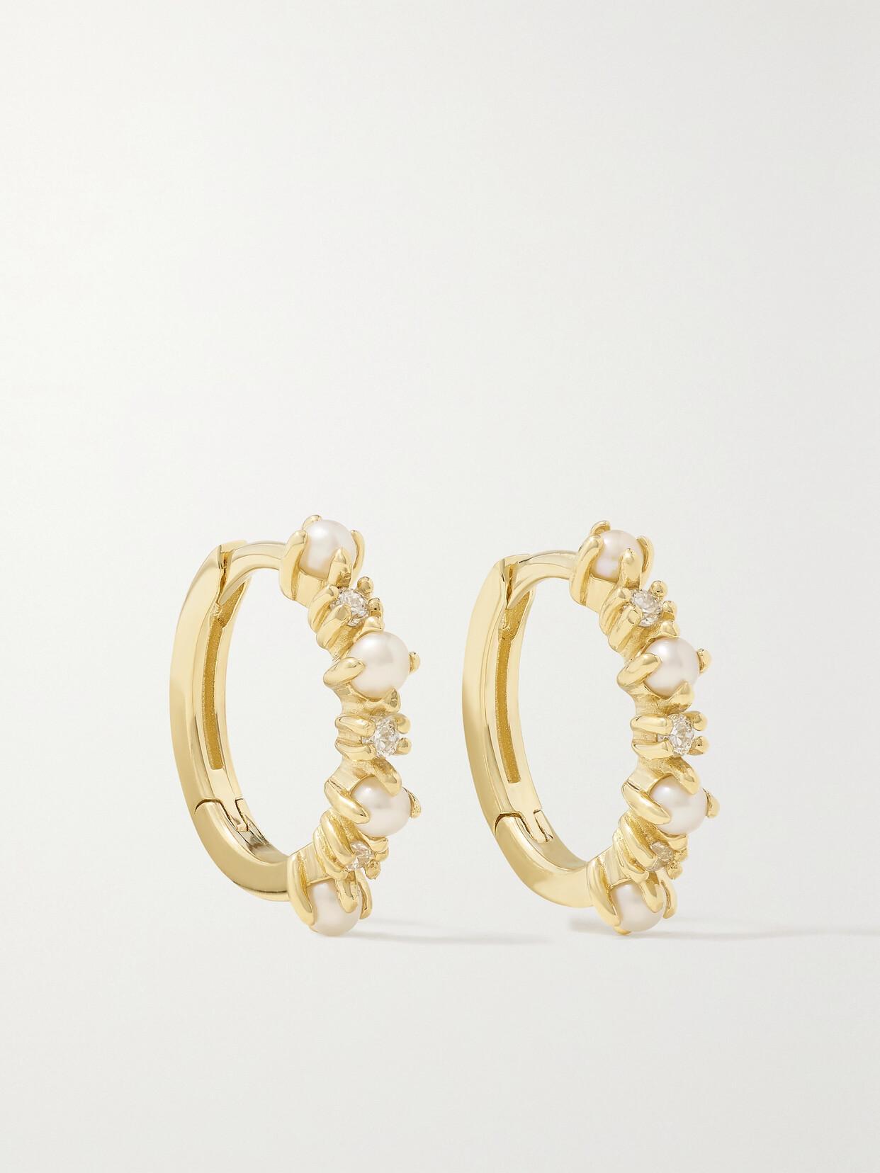 MATEO The Little Things 18-karat Gold, Diamond And Pearl Hoop Earrings Product Image