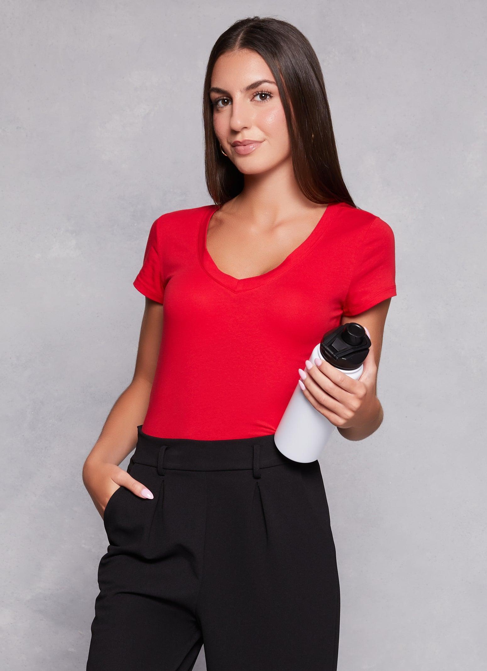 Womens Solid V Neck Short Sleeve Tee Product Image