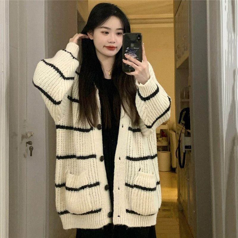 V-Neck Striped Button-Up Oversized Cardigan Product Image