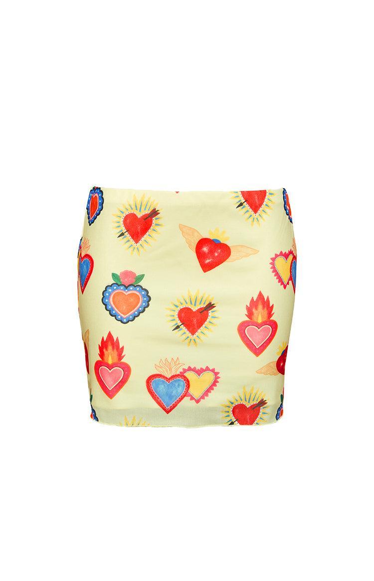 Rosaline Yellow Heart Printed Mesh Mini Skirt Product Image