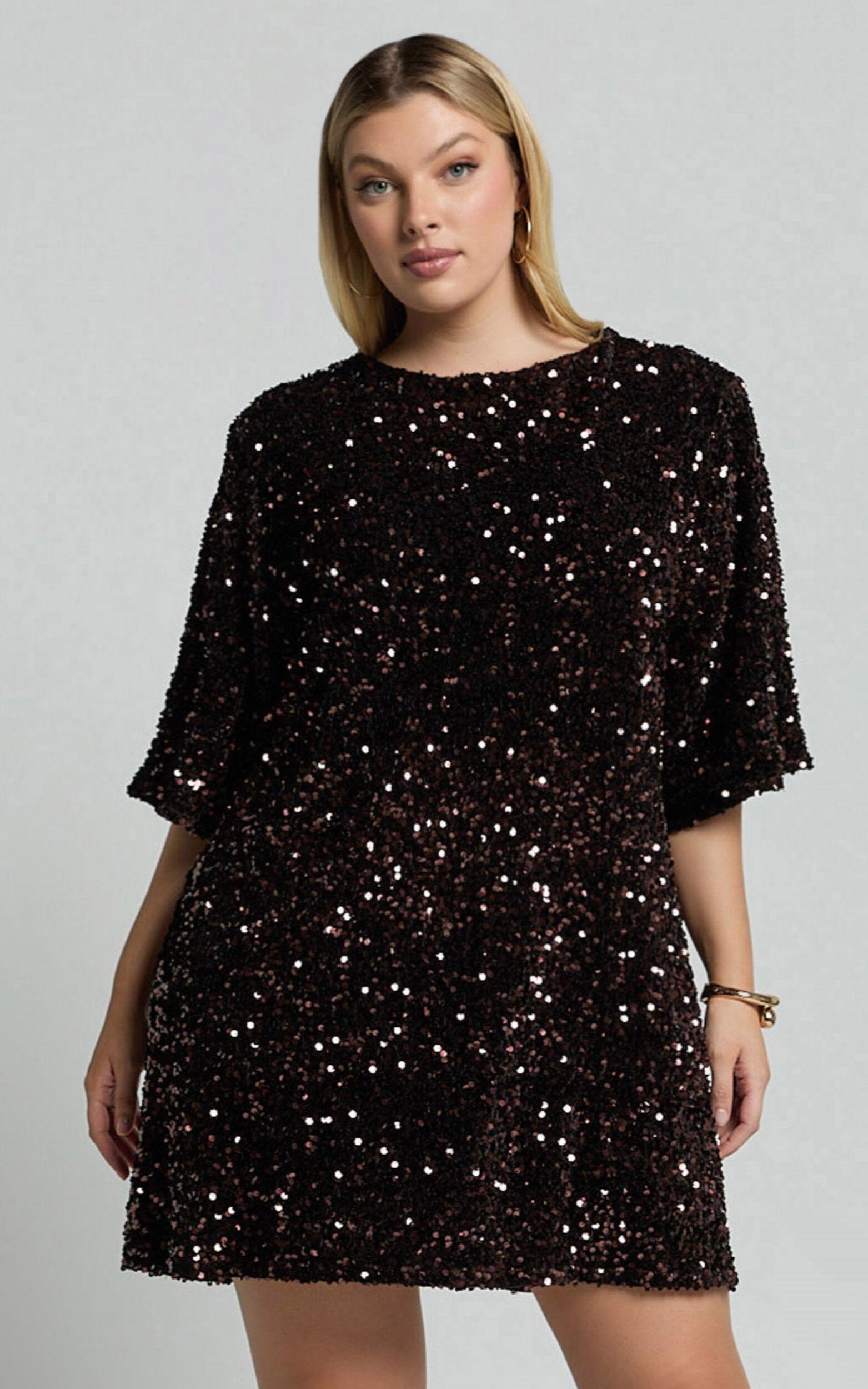 Valetta Mini Dress - Sequin low back shift dress in Chocolate Product Image