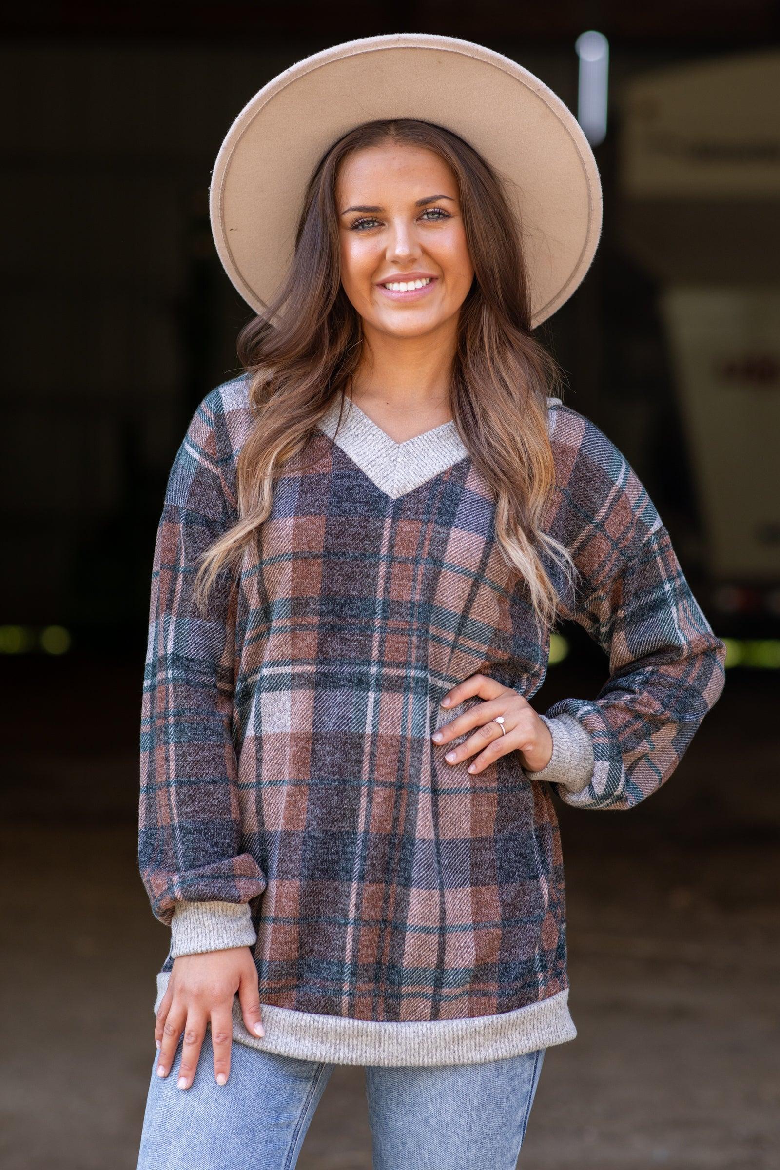 Brown and Cognac Plaid V-Neck Tunic Product Image