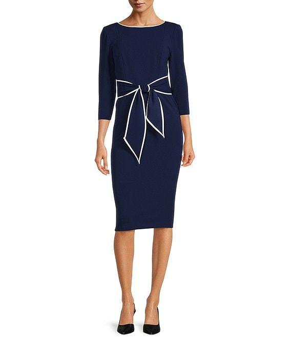 Adrianna Papell Petite Size Contrast Trim Boat Neck 3/4 Sleeve Tie Waist Crepe Dress Product Image