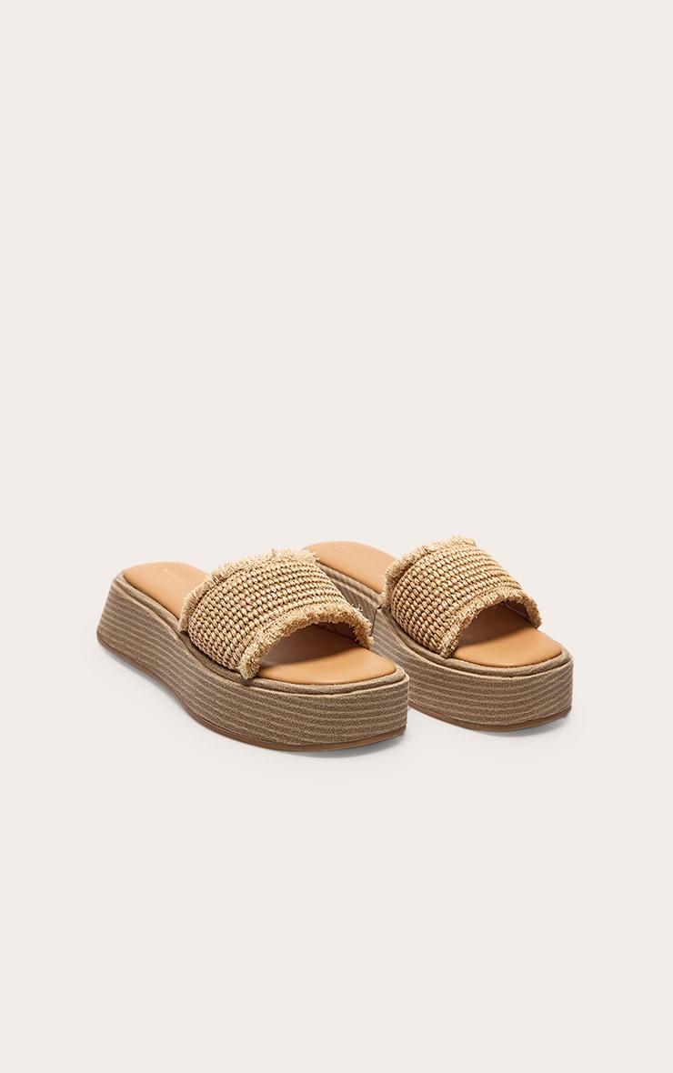 Natural Raffia Fake Stack Round Toe Flatform Sandals Product Image