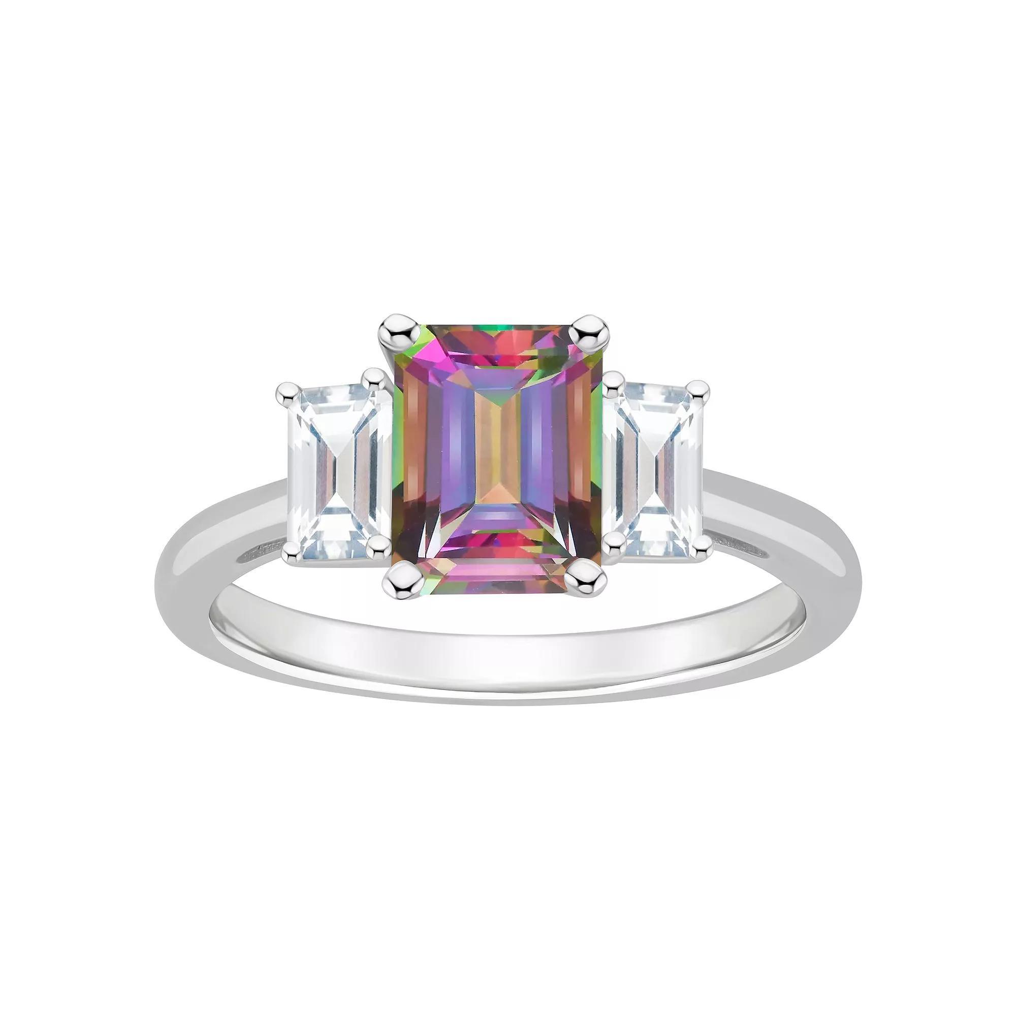 Alyson Layne Sterling Silver Emerald Cut Mystic Topaz & White Topaz Three-Stone Ring, Women's, Size: 8 Product Image