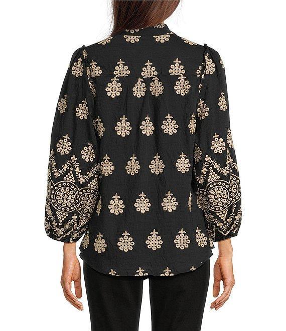 Calessa Petite Size Embroidered Medallion Split V-Neck Wrist Sleeve Button Front Tunic Product Image