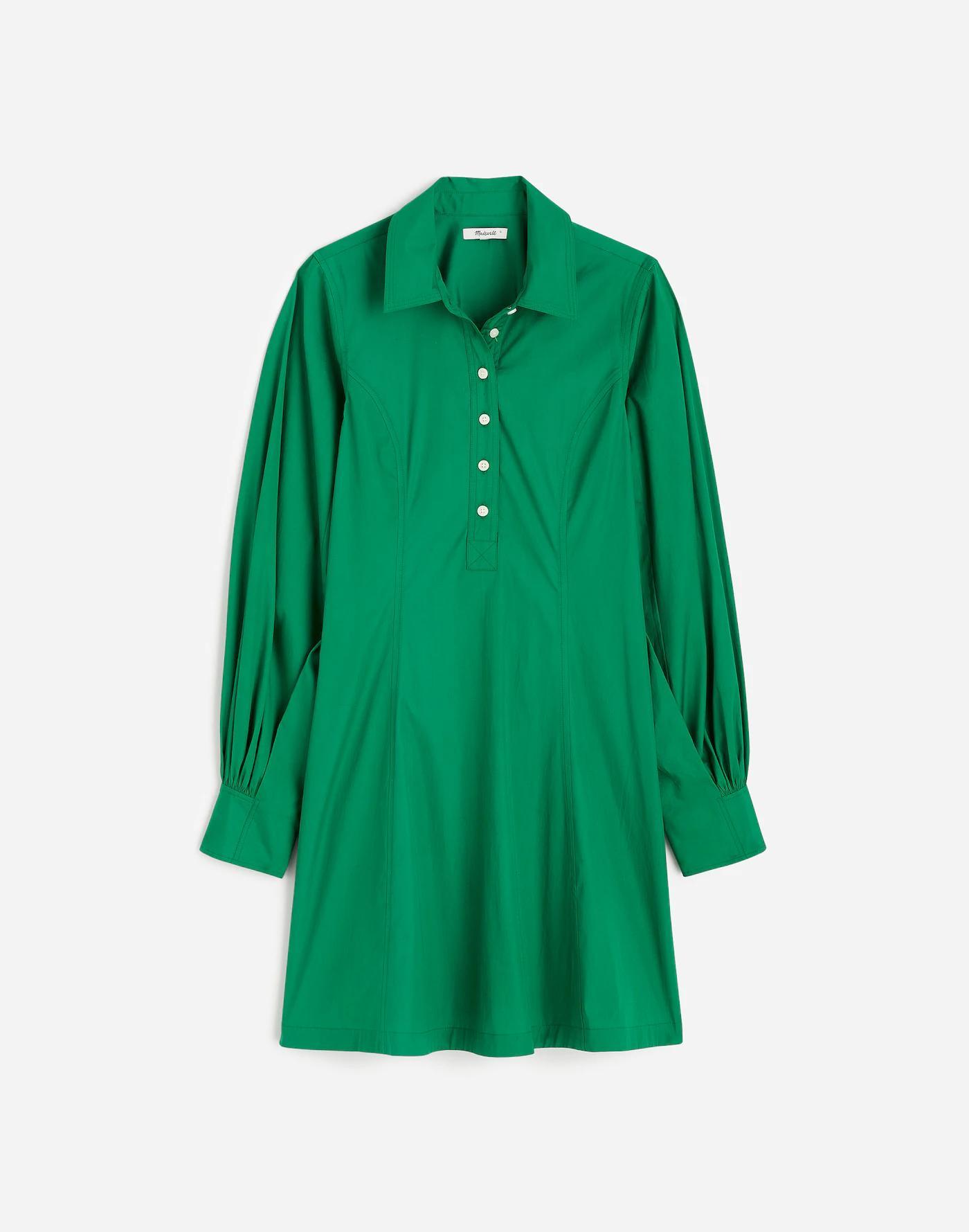 Seamed Long-Sleeve Mini Shirtdress in Poplin Product Image