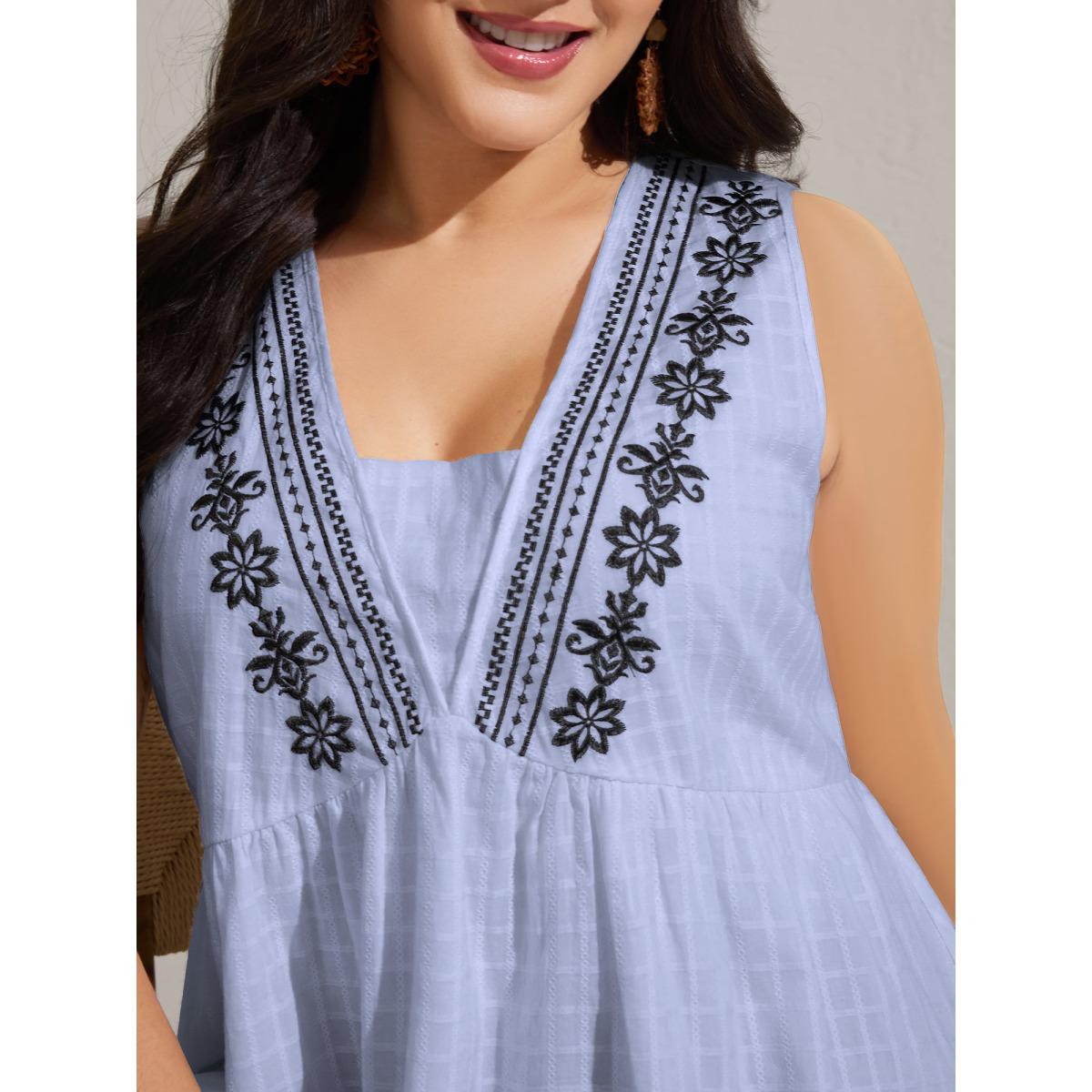 Plus Size Pure Cotton Jacquard Embroidered Tank Top Women Yellowishbrown Boho Texture Square Neck Vacation Tank Tops Camis BloomChic 10/M Product Image