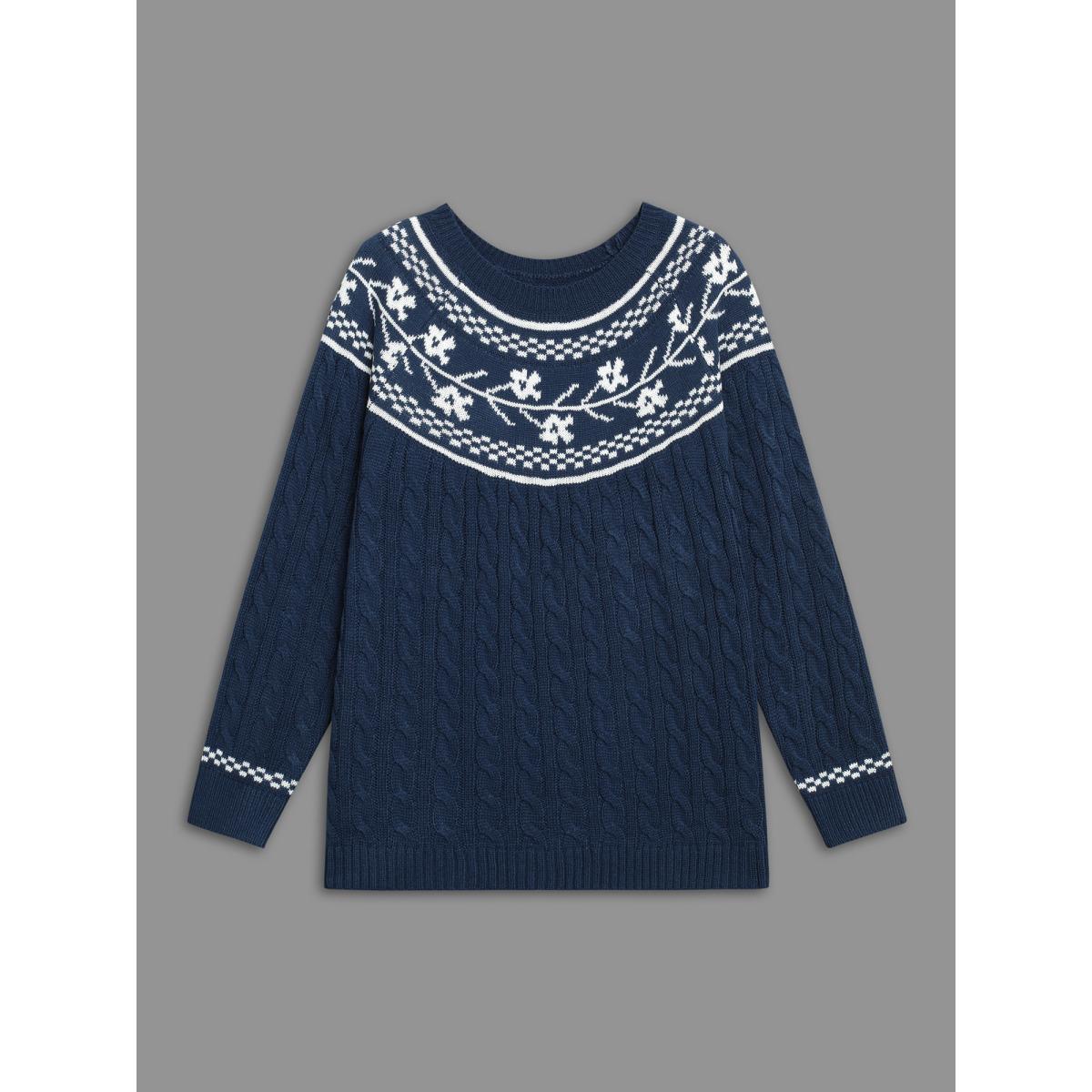 Plus Size Floral Cable Knit Raglan Sleeve Pullover Navy Women Casual Loose Long Sleeve Round Neck Everyday Pullovers BloomChic 12/L Product Image