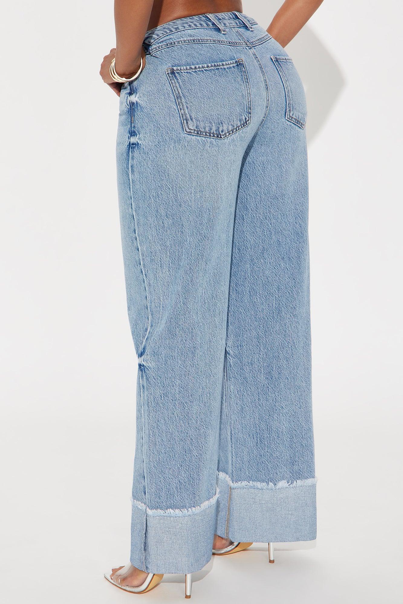 Cuff It Non Stretch Cuffed Wide Leg Jeans - Medium Wash Product Image