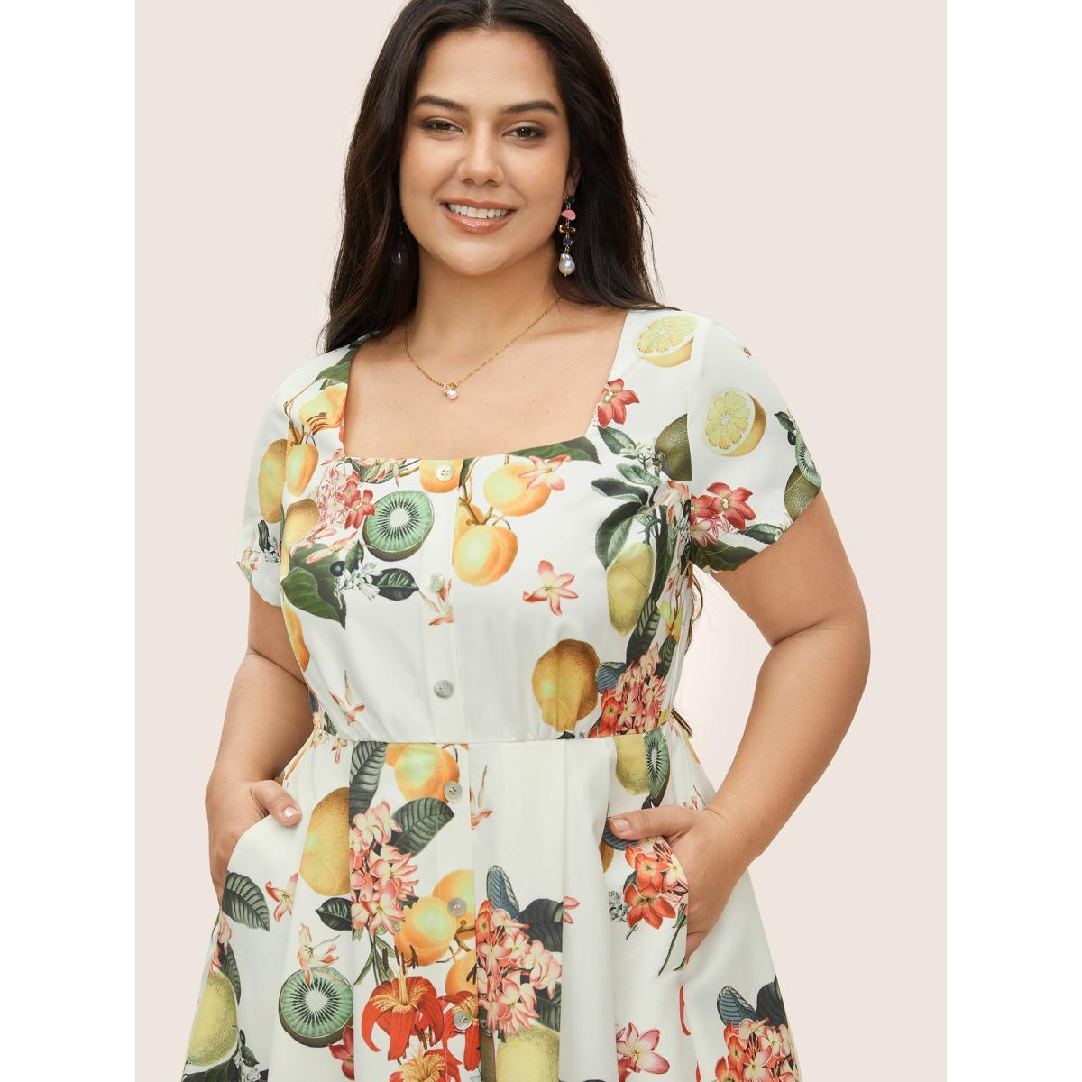 Plus Size Citrus Square Neck Fruit Print Button Detail Dress Multicolor Women Elegant Button Square Neck Short sleeve Curvy Midi Dress BloomChic 26/4X Product Image