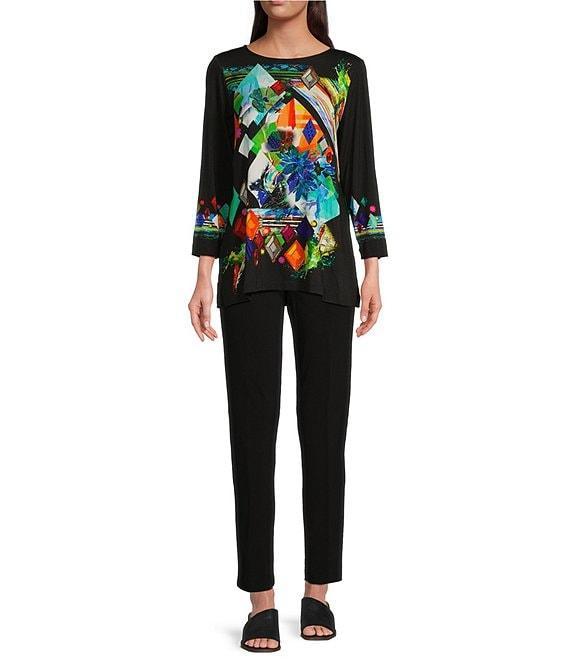 Ali Miles Printed Knit Round Neckline 3/4 Sleeve Top Product Image