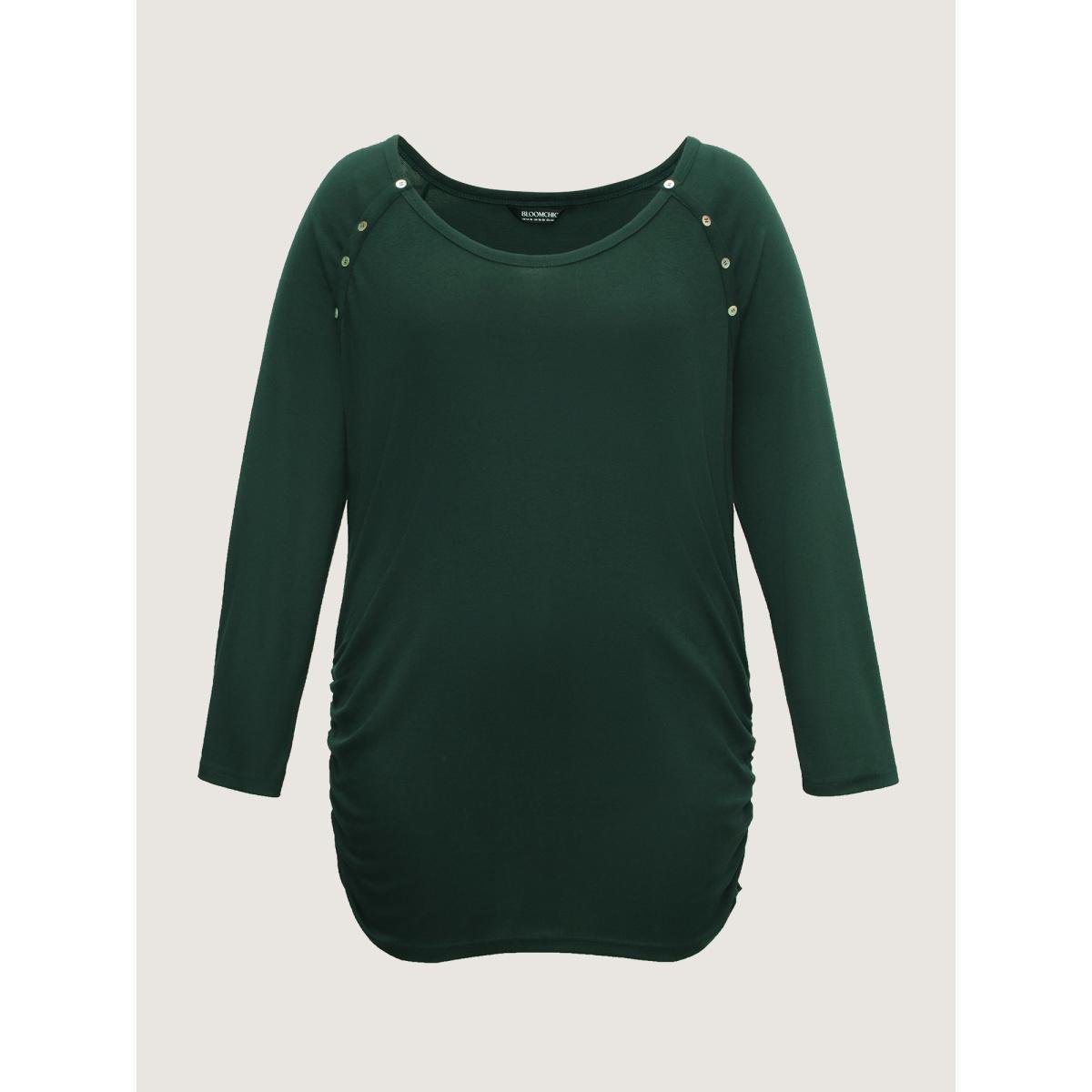 Plus Size Plain Gathered Button Detail T-shirt DarkGreen Women Leisure Gathered Plain Round Neck Casual T-shirts BloomChic 30/6X Product Image