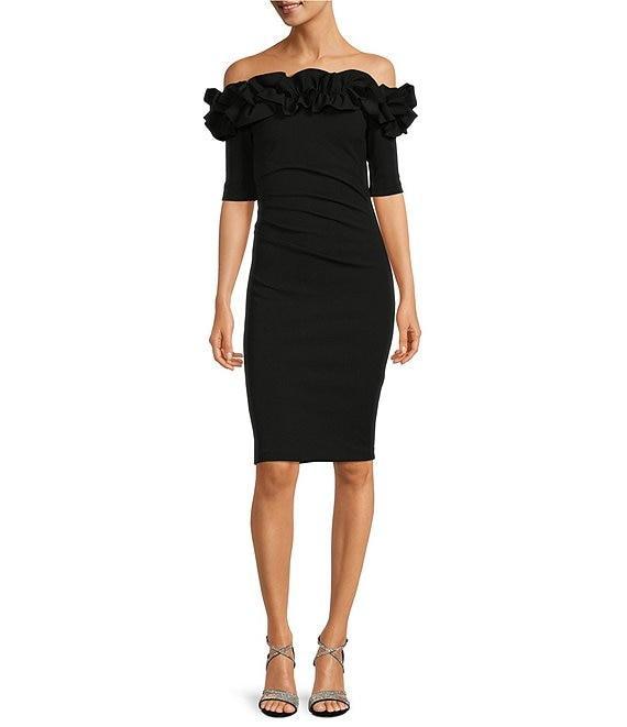 Xscape Off-the-Shoulder Ruffle Neck Short Sleeve Stretch Scuba Crepe Dress Product Image