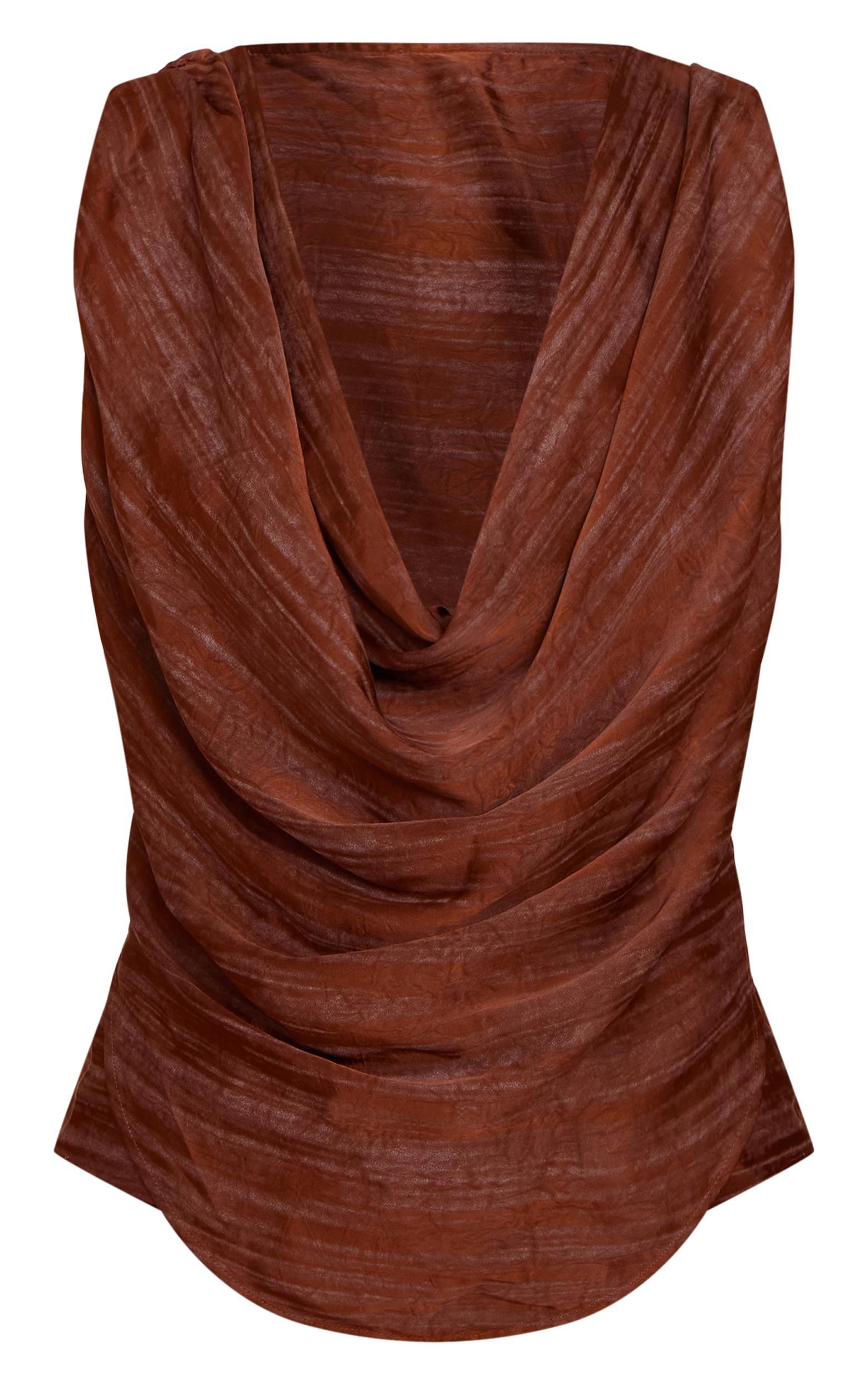 Brown Satin Detail Cowl Top Product Image