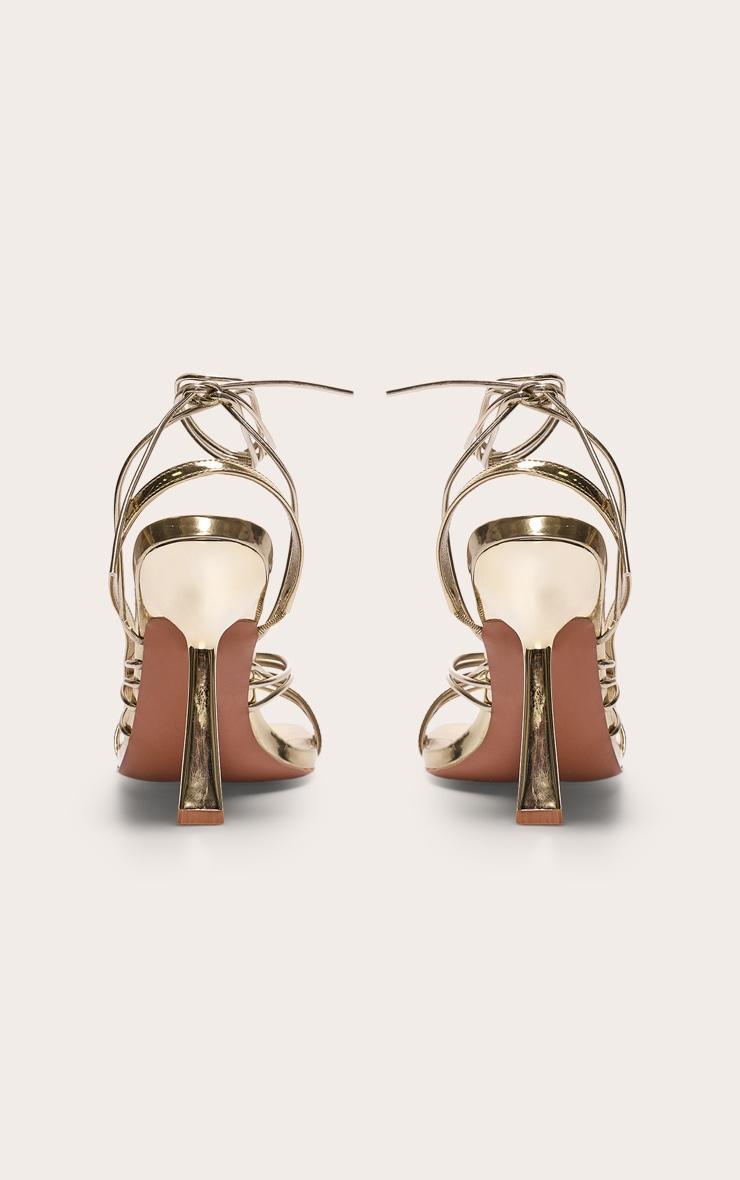 Gold Pu Square Toe Asymmetric Strappy Lace Up High Heel Sandals Product Image