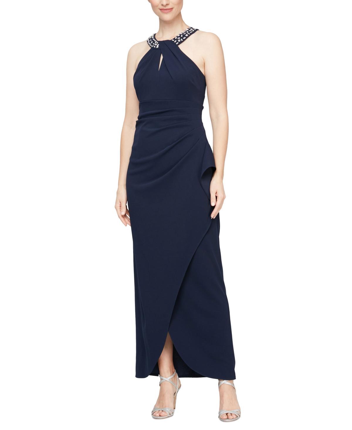 Ignite Evenings Embellished Halter Neck Sleeveless Ruched Side Cascade Ruffle Gown Product Image