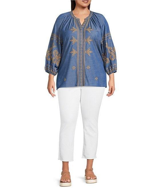 Calessa Plus Size Embroidered Chambray Split V-Neck Long Sleeve Tunic Product Image