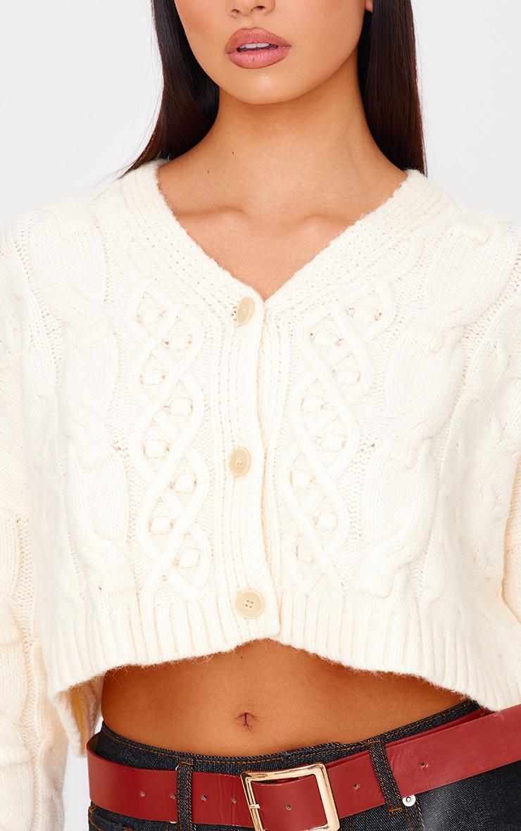 Cream Textured Cable Knit Cropped Cardigan Product Image