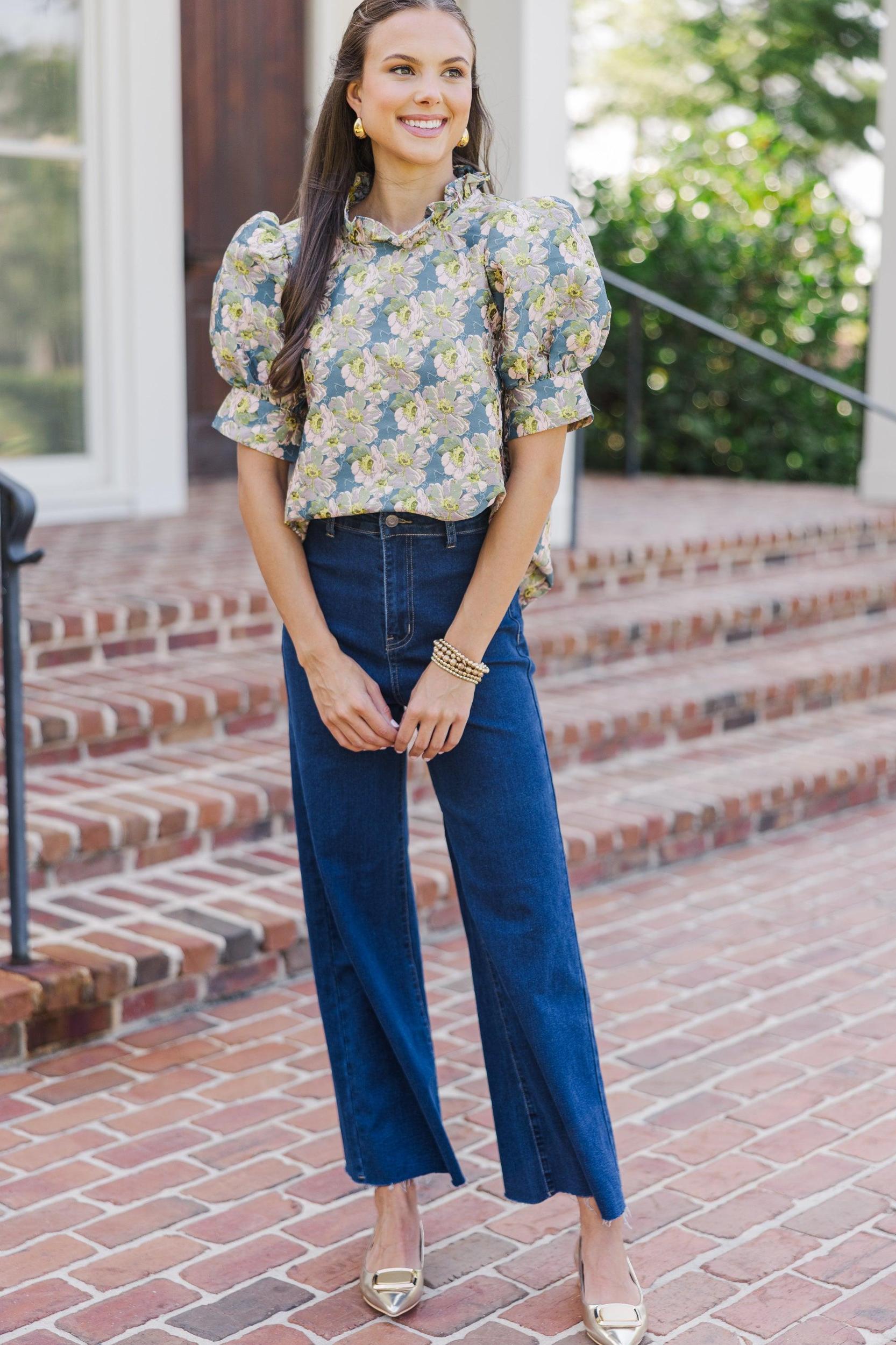 Say What You Need Slate Blue Floral Blouse Female Product Image