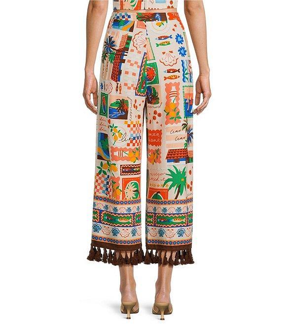 Sugarlips Coordinating Postcard Print High Waisted Wide-Leg Tassel Hem Pants Product Image