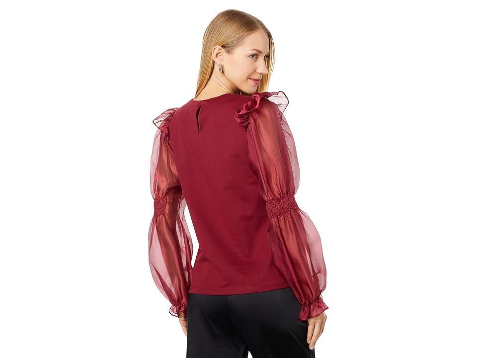 English Factory Organza Mixed Smocked Detail Long Sleeve Top (Wine) Women's Blouse Product Image