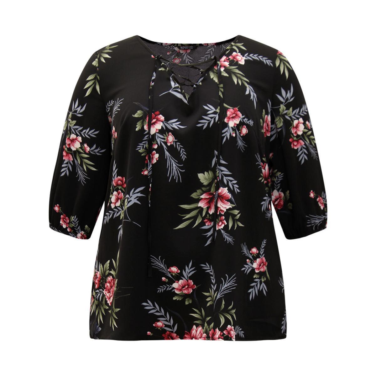 Plus Size Black Floral Print Lace Up Lantern Sleeve Blouse Women Elegant Half Sleeve V-neck Dailywear Blouses BloomChic 12/L Product Image