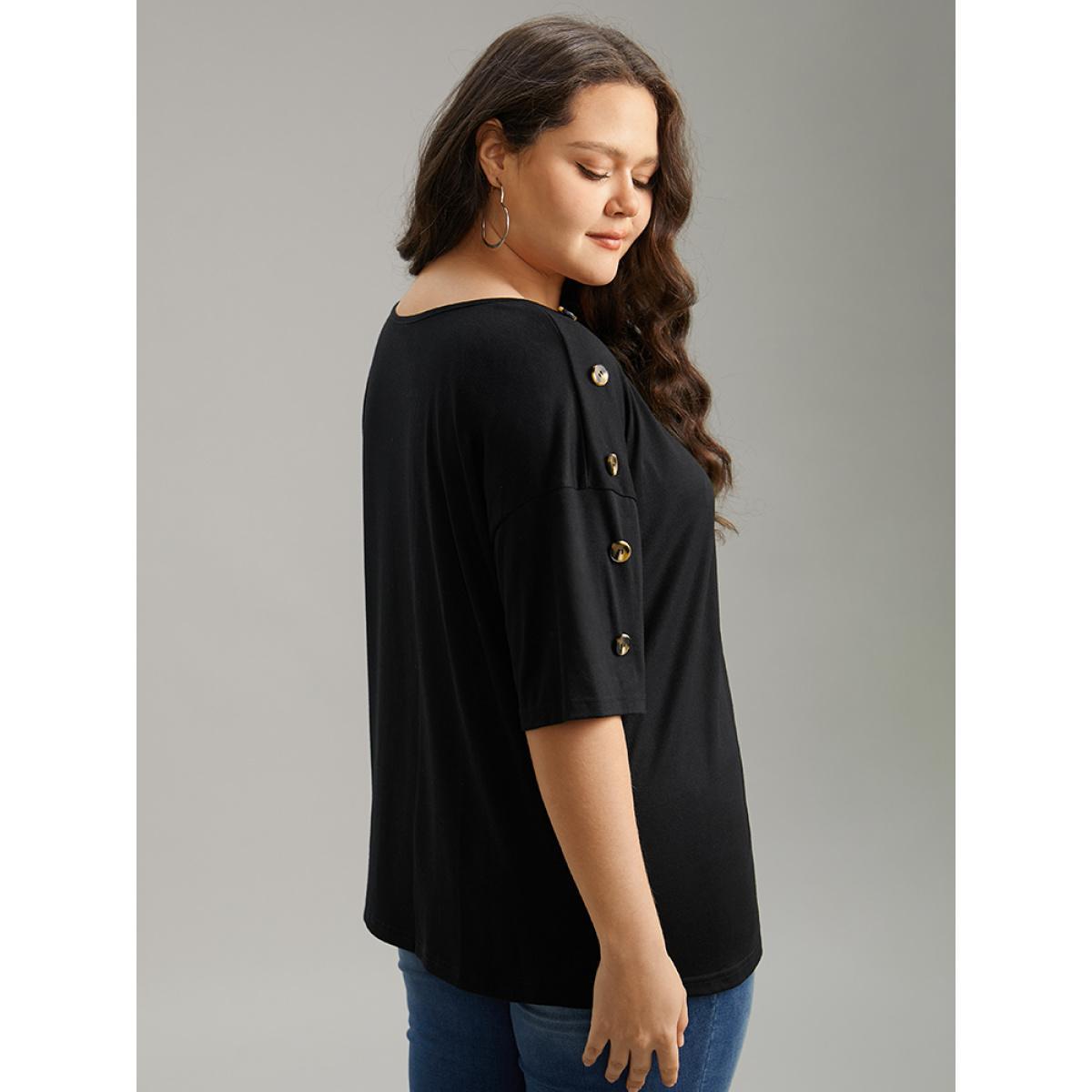 Plus Size Plain Button Detail Drop Shoulder T-shirt Black Women Casual Button Plain Round Neck Dailywear T-shirts BloomChic 22-24/3X Product Image