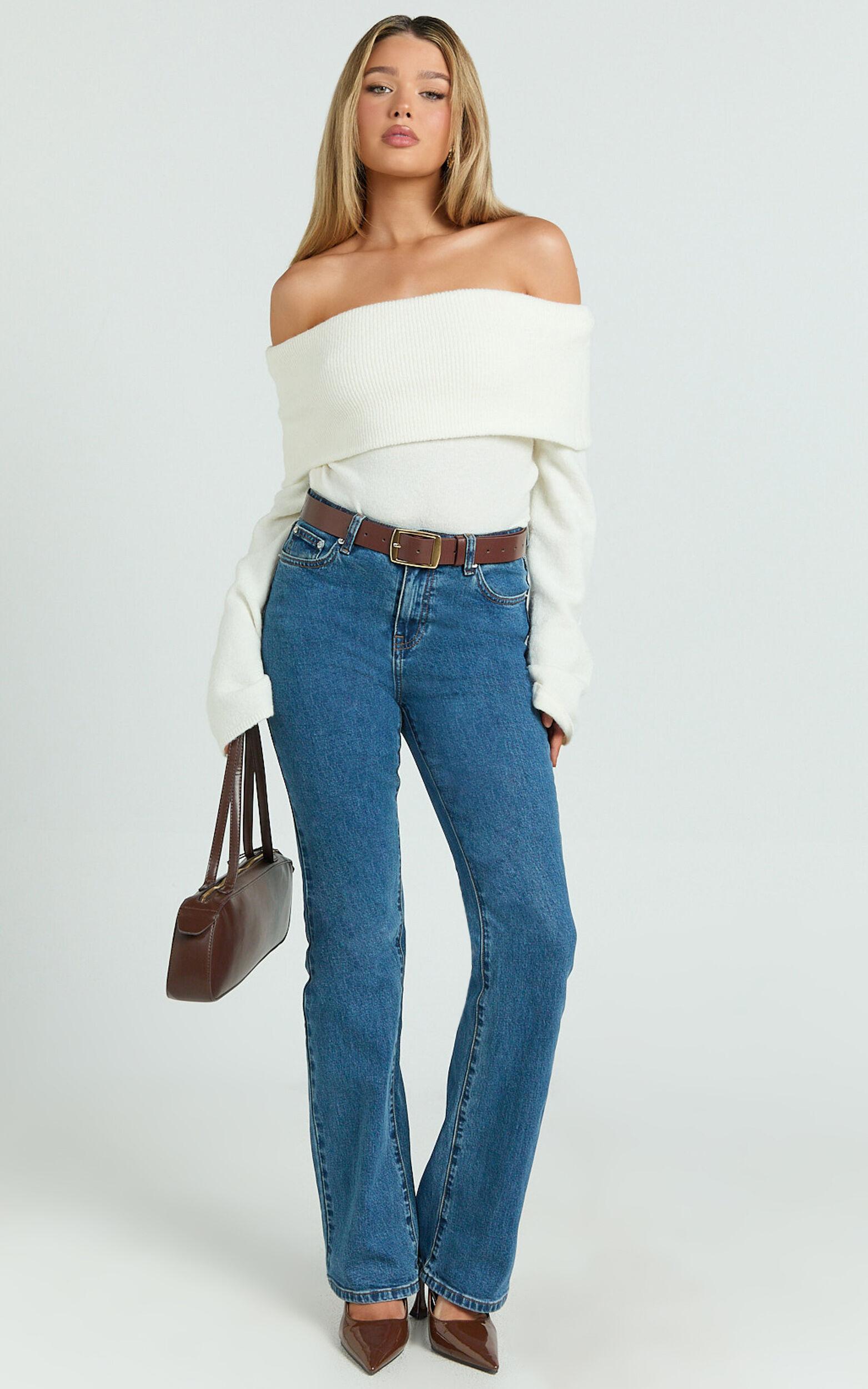 Darcie Top - Off Shoulder Long Sleeve Knitted Top in Cream Product Image