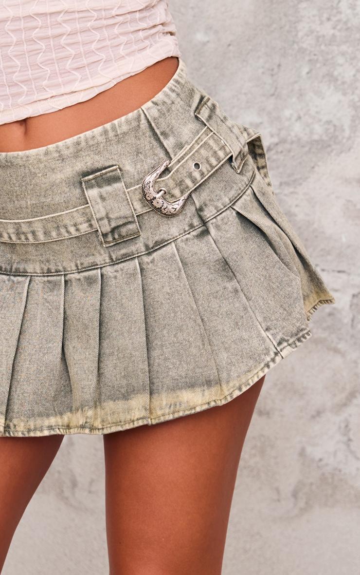 Khaki Washed Twill Belt Detail Pleated Mini Skirt Product Image