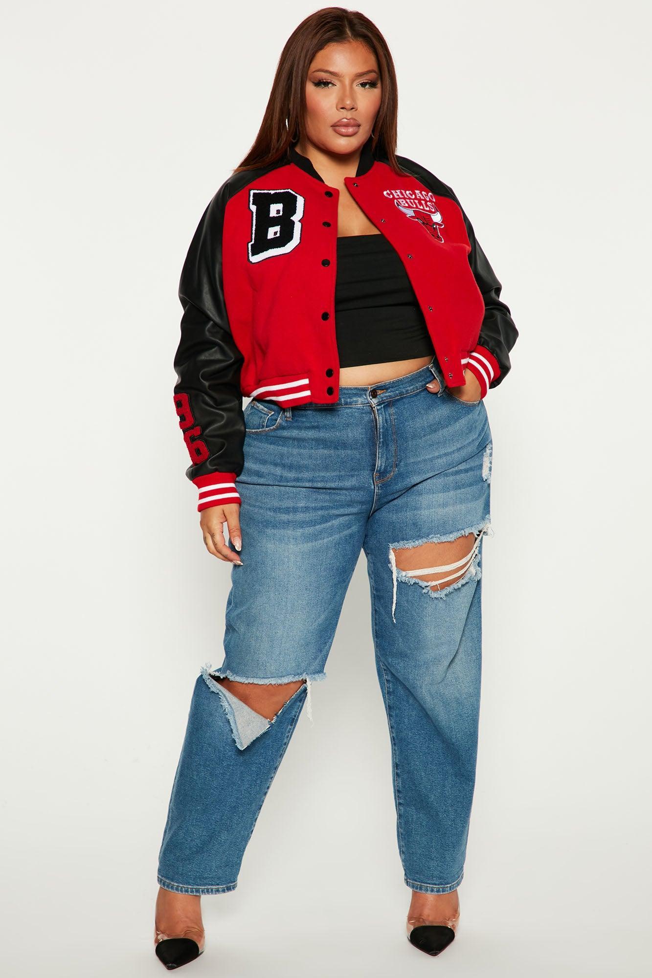 Bulls Cropped Letterman Jacket - Red/Black Female Product Image