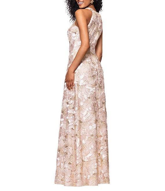 Betsy & Adam Floral Sequin Soutache Halter Sleeveless A-Line Gown Product Image