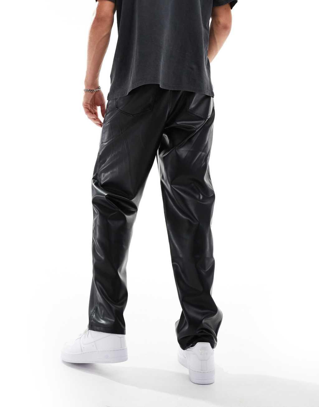 ASOS DESIGN baggy leather look pants in black Product Image