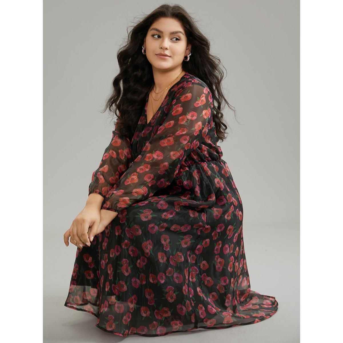 Plus Size Floral Mesh Elastic Waist Lantern Sleeve Dress Black Women Casual Elastic cuffs V-neck Long Sleeve Curvy Midi Dress BloomChic 30/6X Product Image