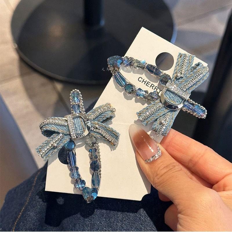 Rhinestone Bow Denim Hair Clip Product Image