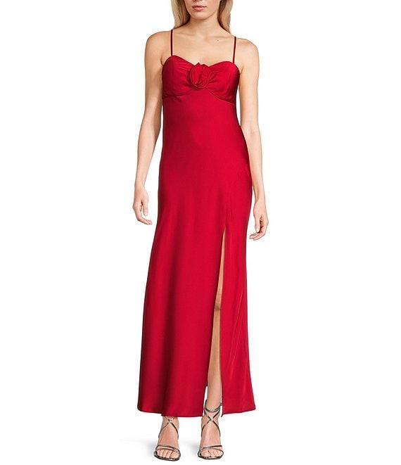 Next Up Satin Sweetheart Neck Front Rosette Side Slit Midi Dress Product Image