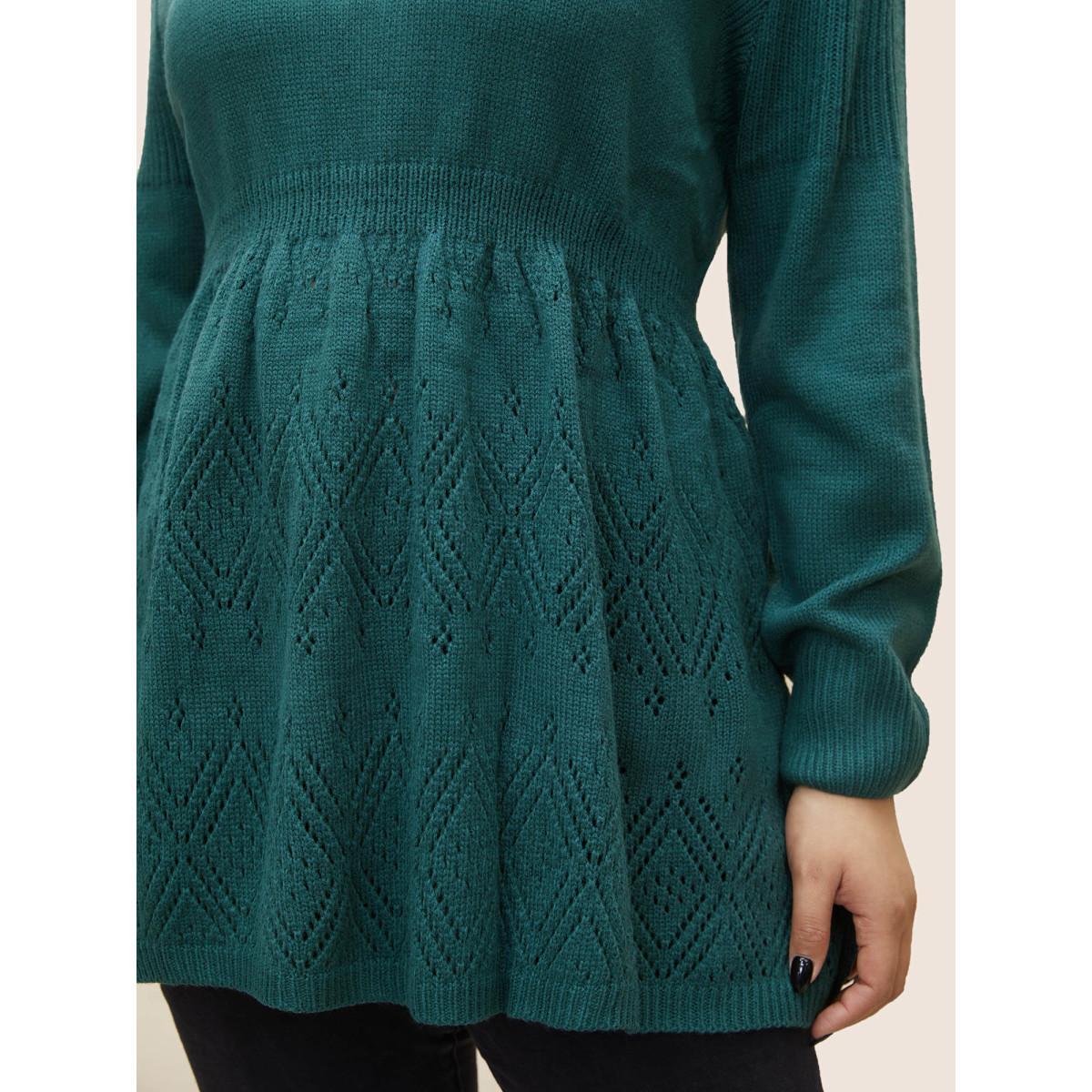 Plus Size Solid Hollow Out Elastic Waist Knit Pullover Teal Women Casual Long Sleeve Round Neck Everyday Pullovers BloomChic 22-24/3X Product Image