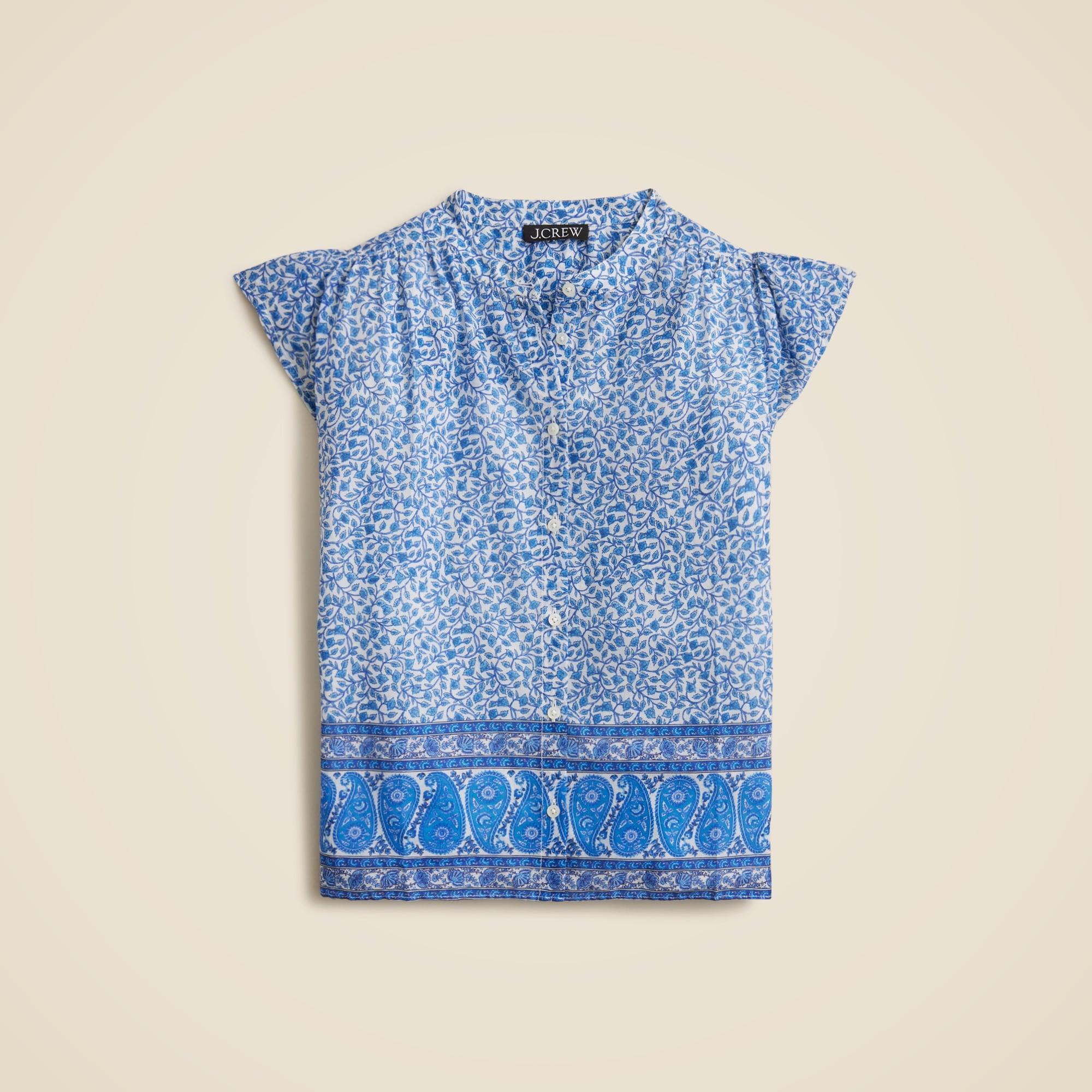 Flutter-sleeve button-up shirt in block-print cotton voile Product Image