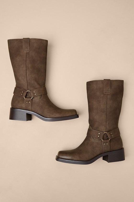 Autumn Coffee Distressed Mid-Calf Moto Boots Product Image