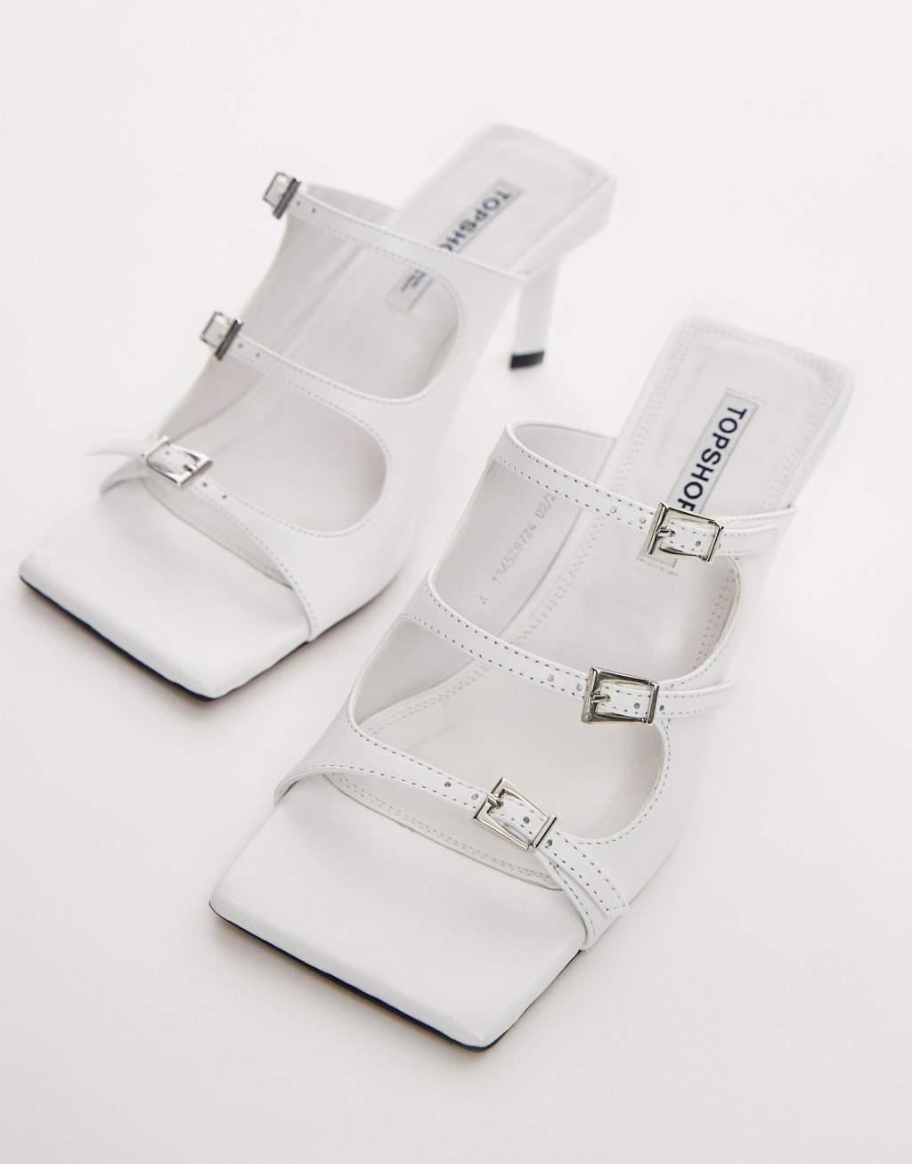 Topshop Gloria premium leather square toe high heeled sandals with buckle detail in white Product Image