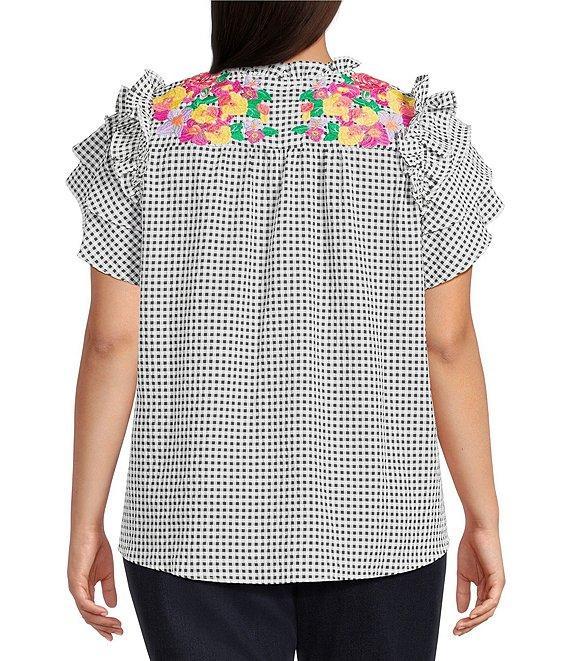 Calessa Plus Size Embroidered Printed Split V-Neck Short Sleeve Ruffle Tunic Product Image