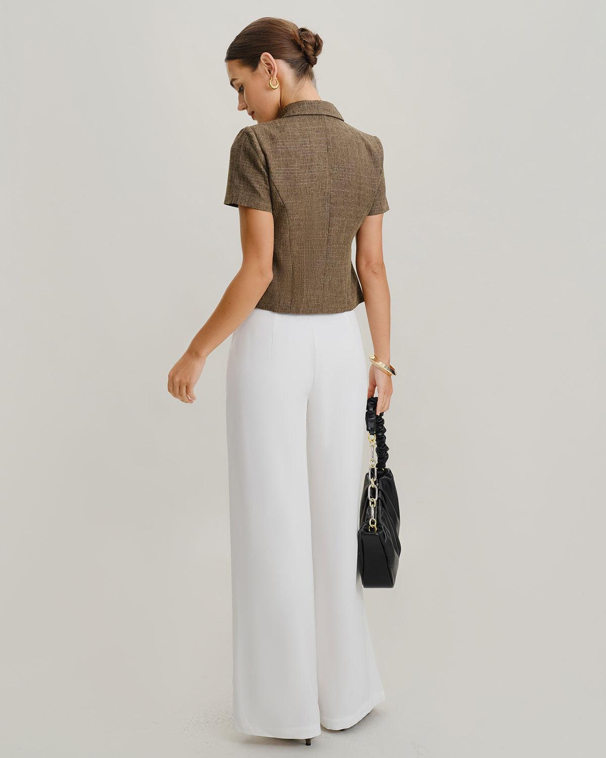 Brown Plaid Button Short Sleeve Jacket Product Image