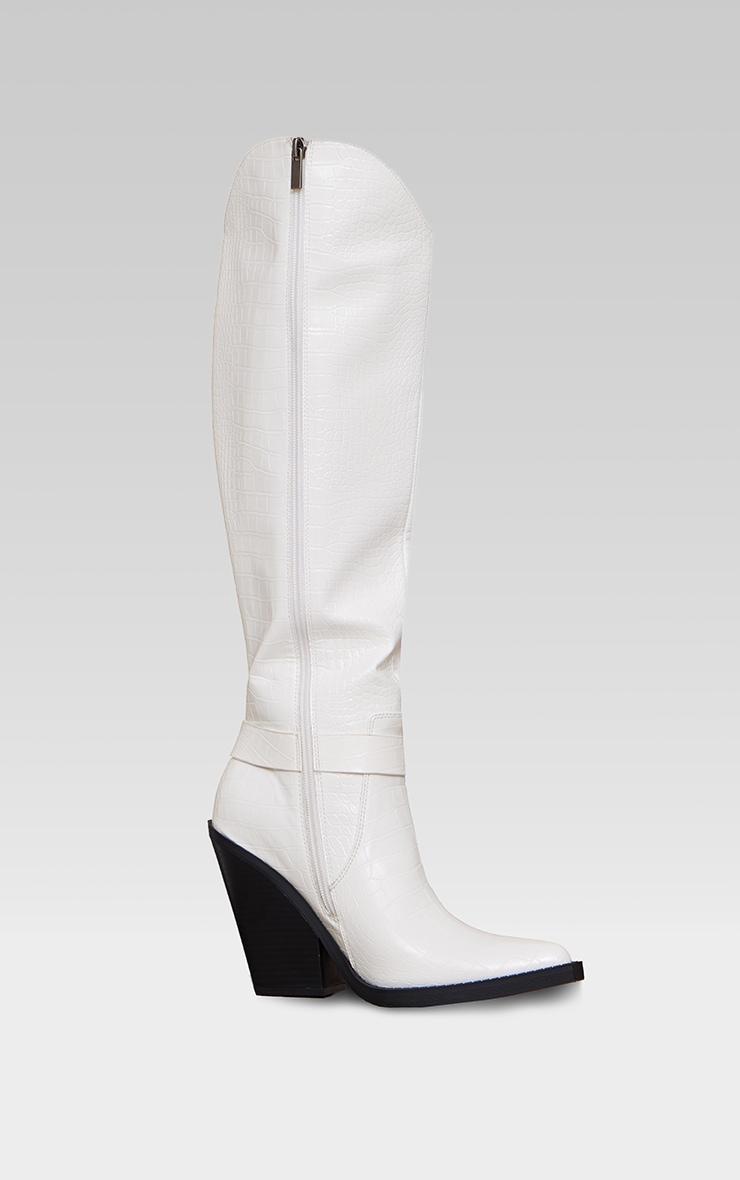 White Croc PU Point Toe High Block Heel Knee High Western Boots Product Image