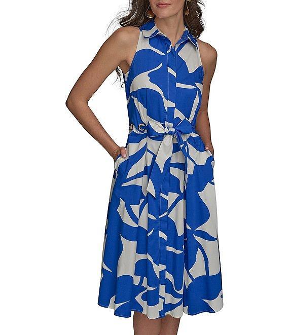 Donna Karan Floral Print Button Front Grommet Belted Midi Dress Product Image
