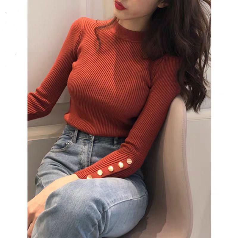 Long Sleeve Mock Neck Plain Button Ribbed Knit Top Product Image